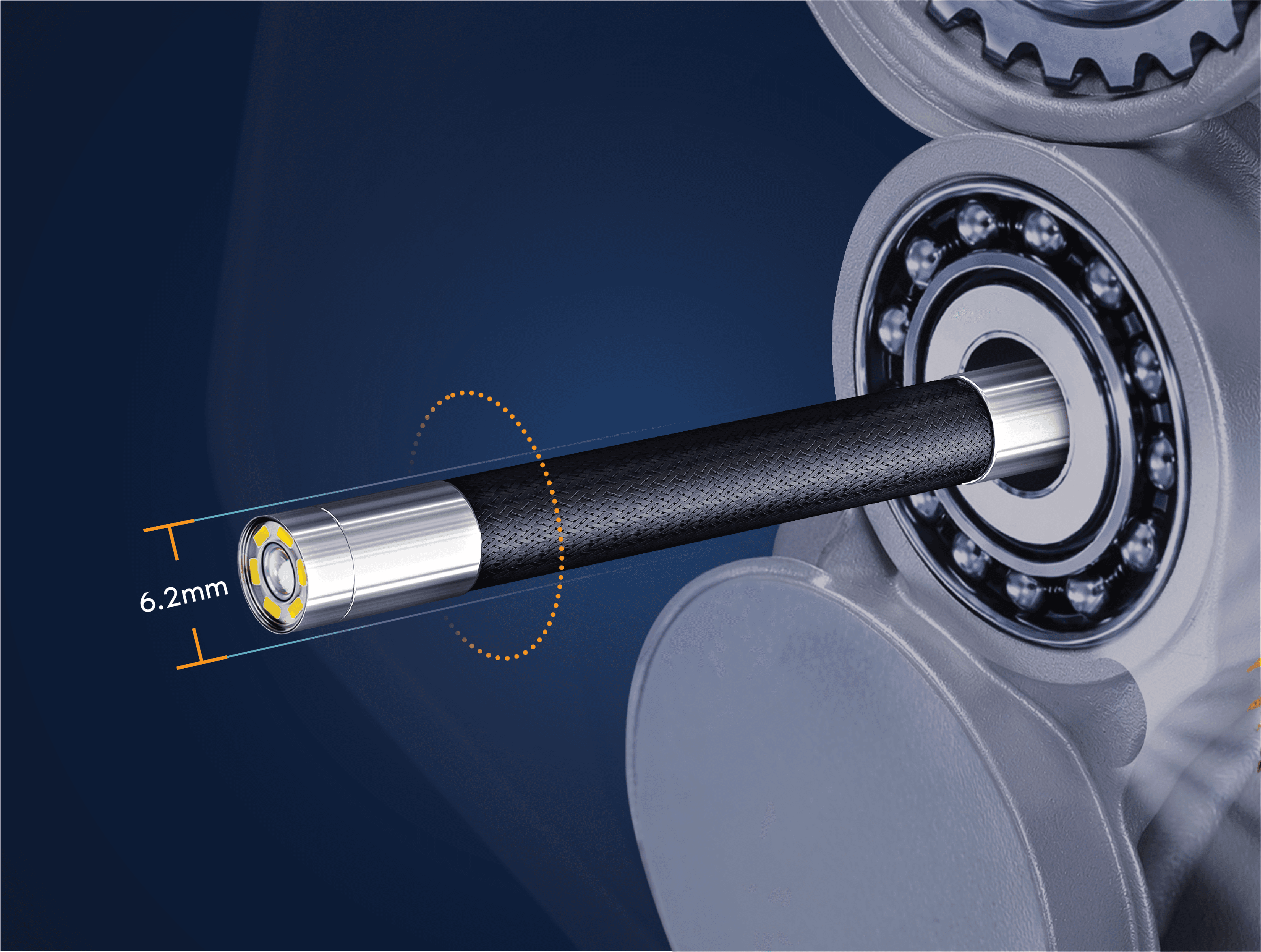 6.2 mm RS2 probe alongside ball-bearing engine macro for scale